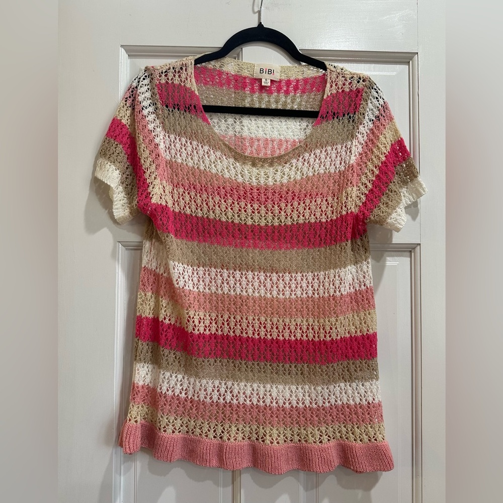Bibi Fish Net Top Pink Stripe Small Beachy Open Knit Resort Layering Cover Up